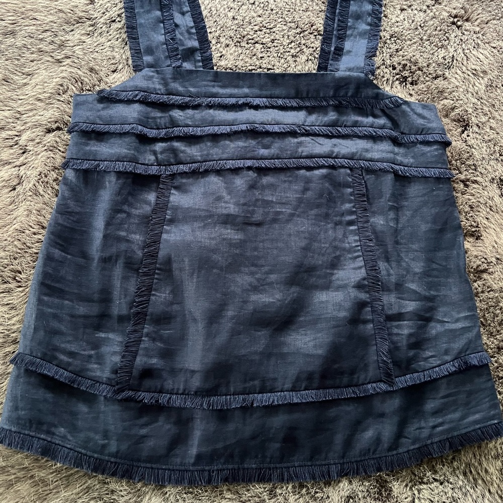 J Crew Navy Linen Sleeveless Blouse with Rows of Fringe.